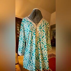 Elegant Teal and White Women's Top with Sequin Detail